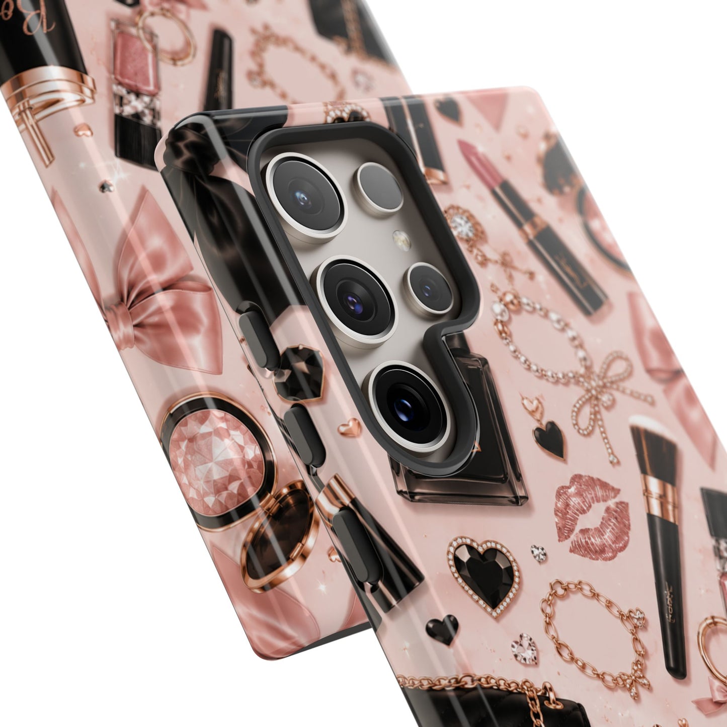 Sunflower Porch Co Glam Makeup Pattern Phone Case | Rose Gold Cosmetics, Perfume, Lipstick