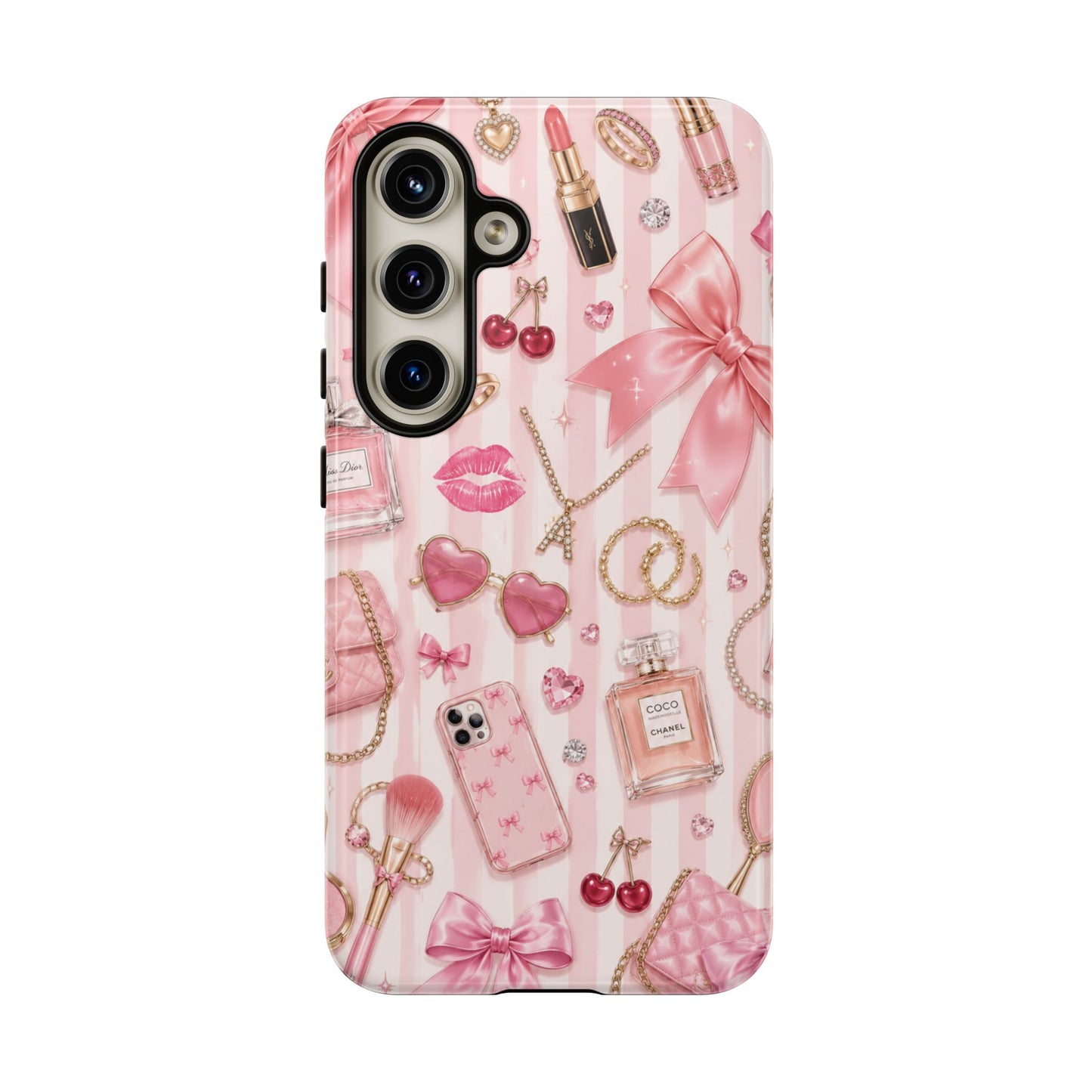 Pink Glam Pattern phone case | Makeup, bows, perfume, lipstick design