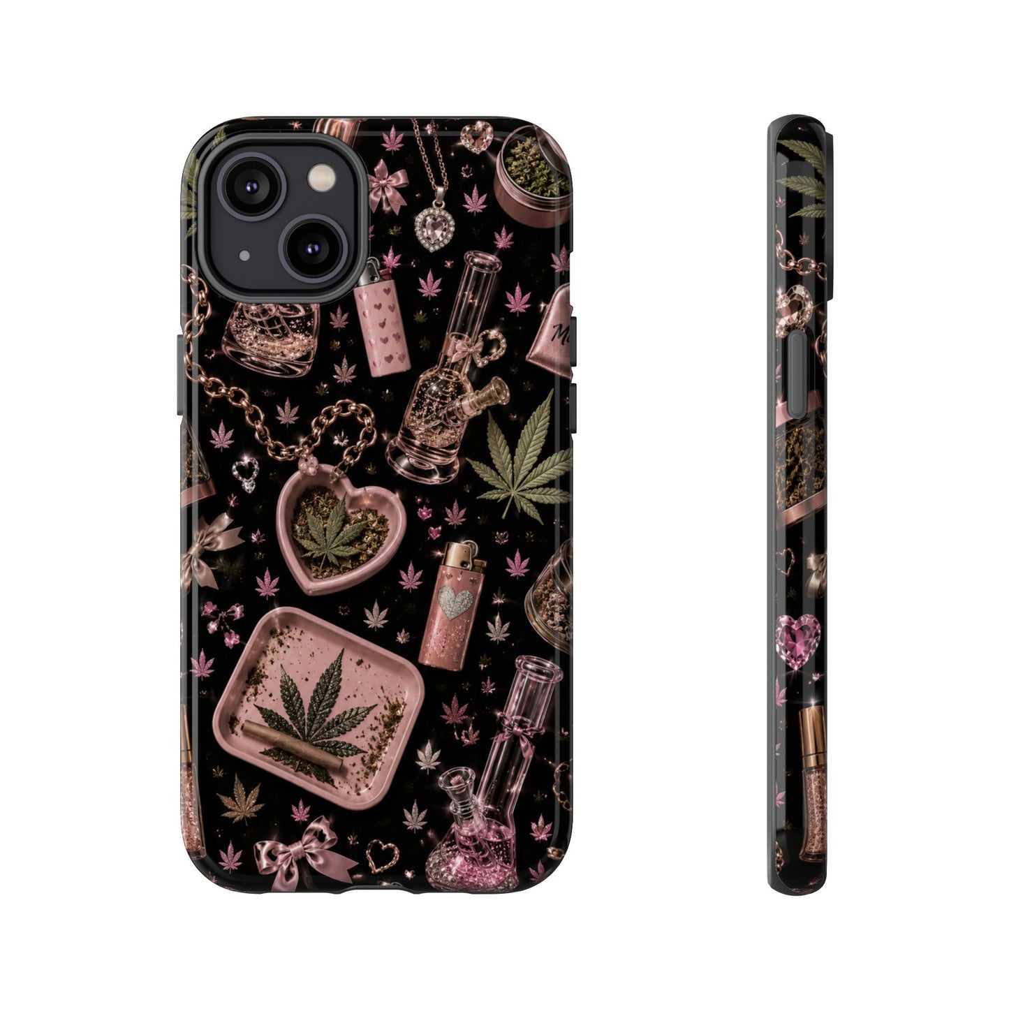 Sunflower Porch Co Pink Cannabis Pattern Tough Case | Weed Leaf Phone Case, Grinder & Lighter Design