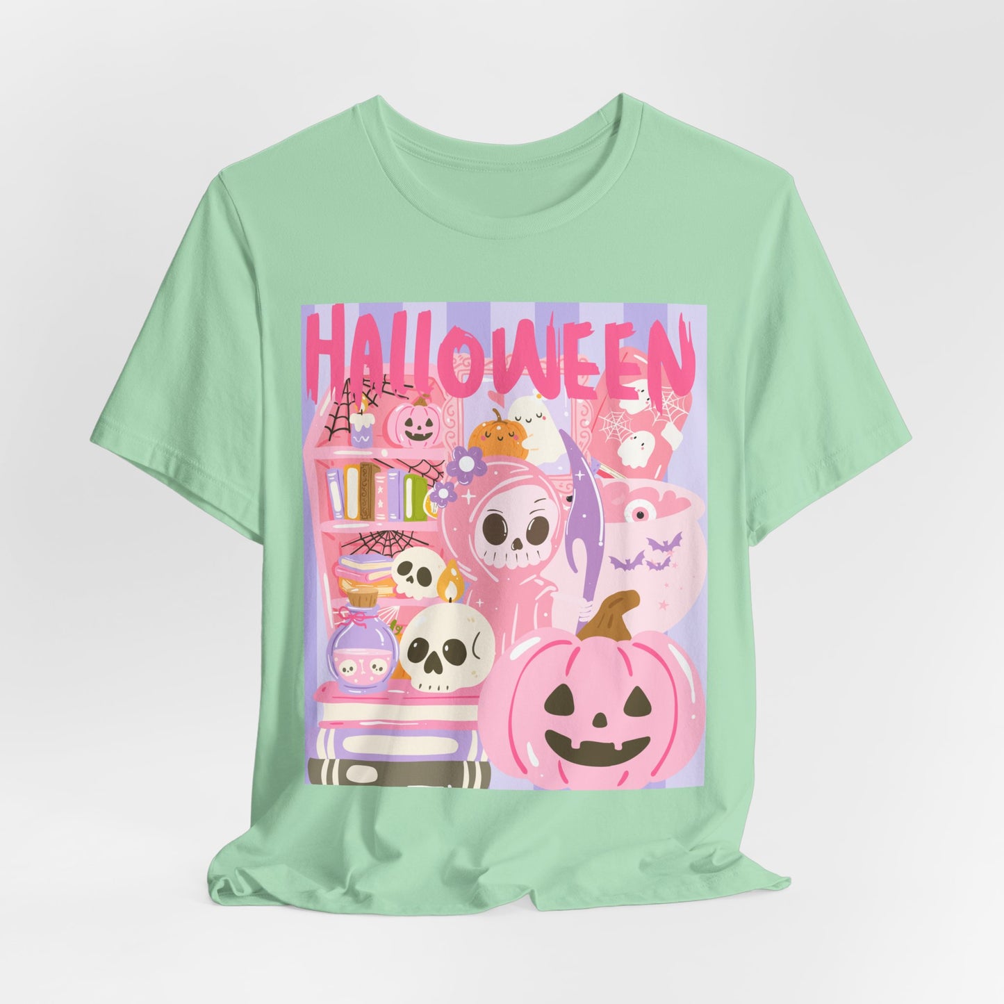SunflowerPorchCo Pink Cute Halloween Characters Tee | Jack-o'-Lantern Skulls Candy
