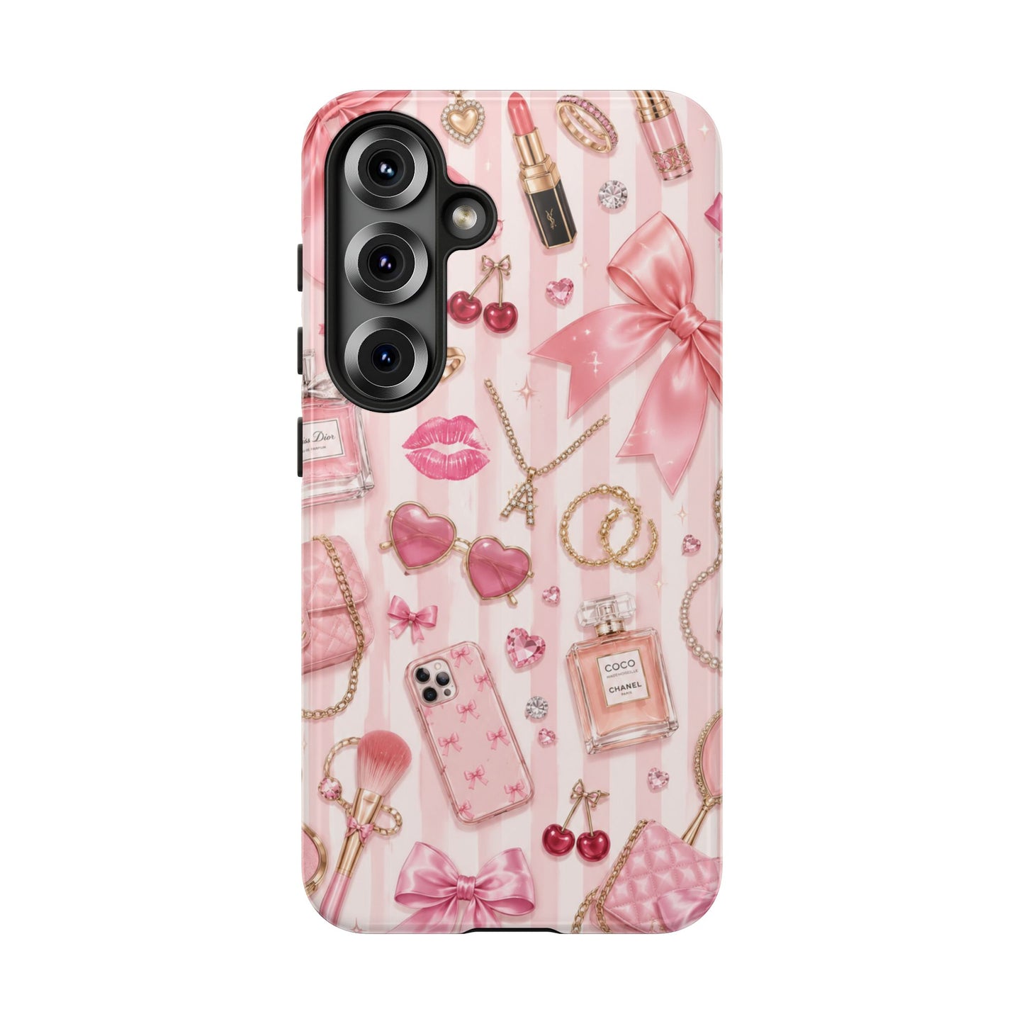 Pink Glam Pattern phone case | Makeup, bows, perfume, lipstick design