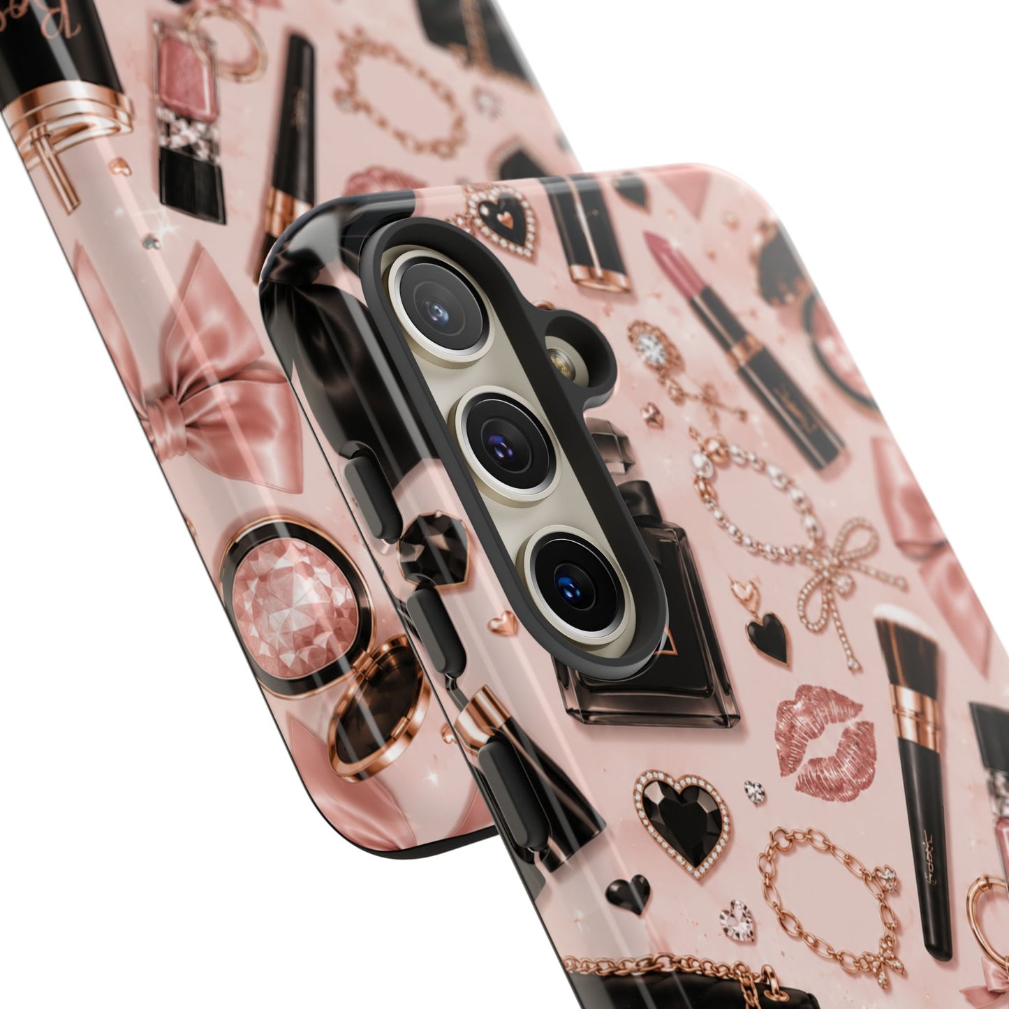 Sunflower Porch Co Glam Makeup Pattern Phone Case | Rose Gold Cosmetics, Perfume, Lipstick