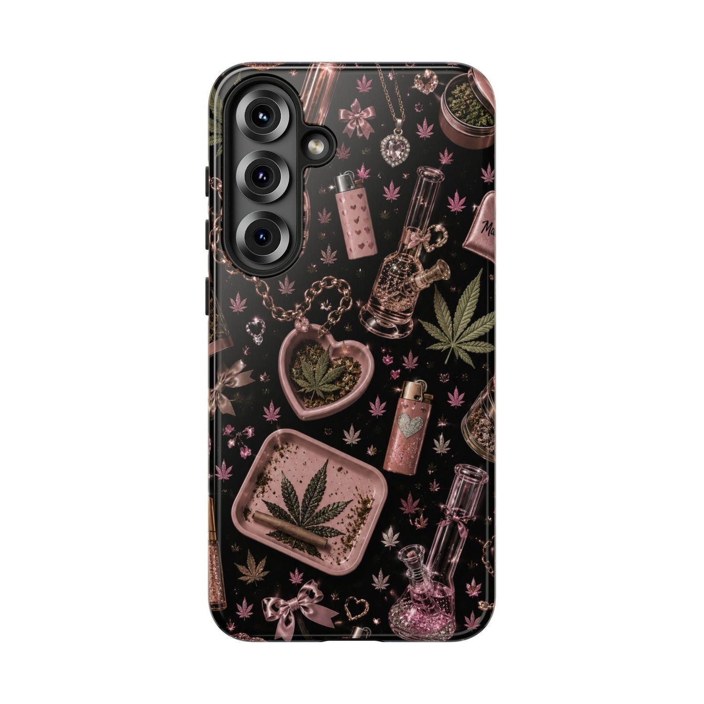Sunflower Porch Co Pink Cannabis Pattern Tough Case | Weed Leaf Phone Case, Grinder & Lighter Design