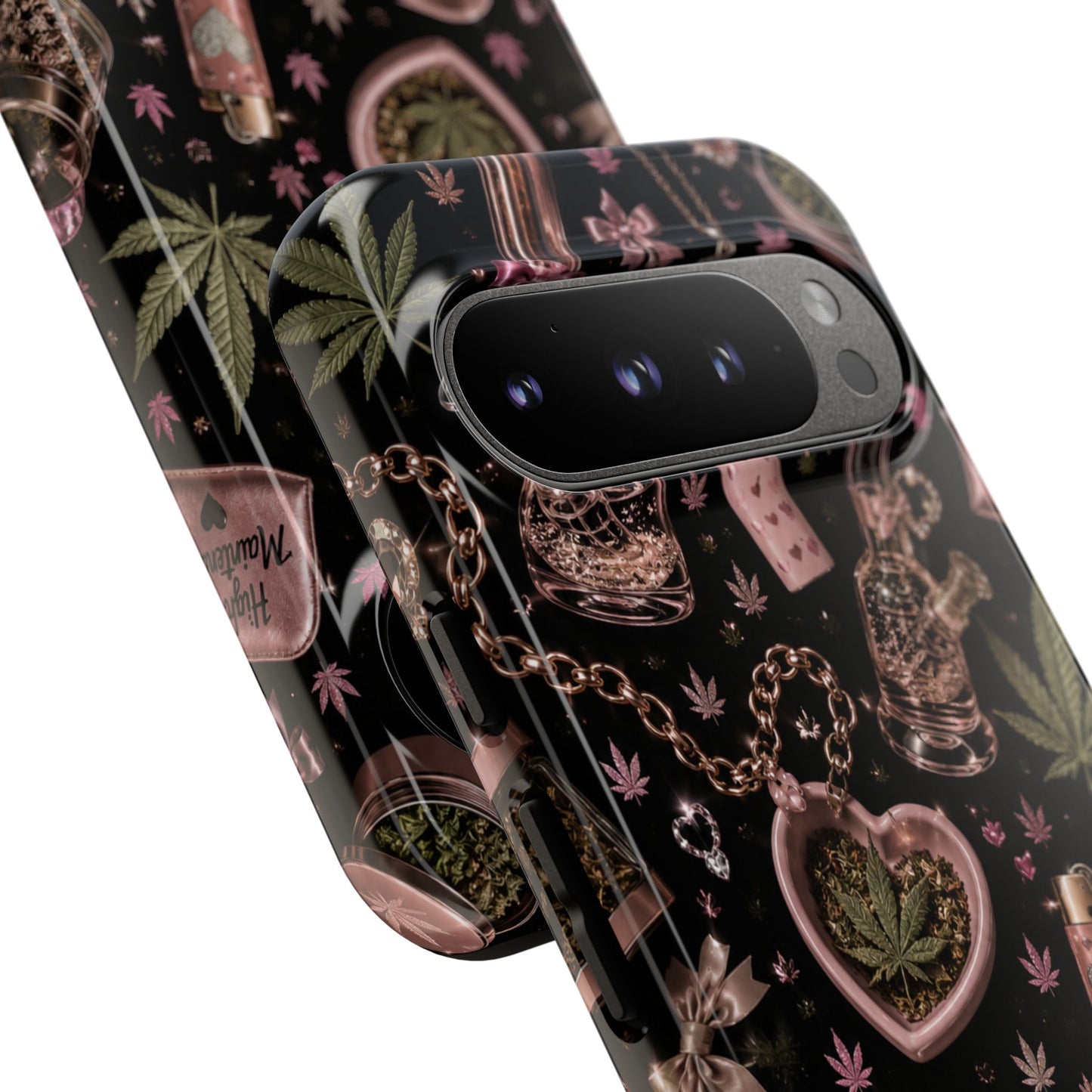 Sunflower Porch Co Pink Cannabis Pattern Tough Case | Weed Leaf Phone Case, Grinder & Lighter Design