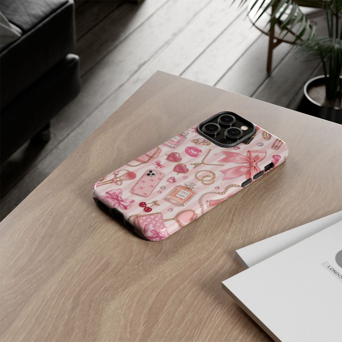 Pink Glam Pattern phone case | Makeup, bows, perfume, lipstick design