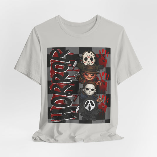 SunflowerPorchCo Horror Mask Stack T-Shirt | Slasher Masks, Blood Handprints, Creepy Checker