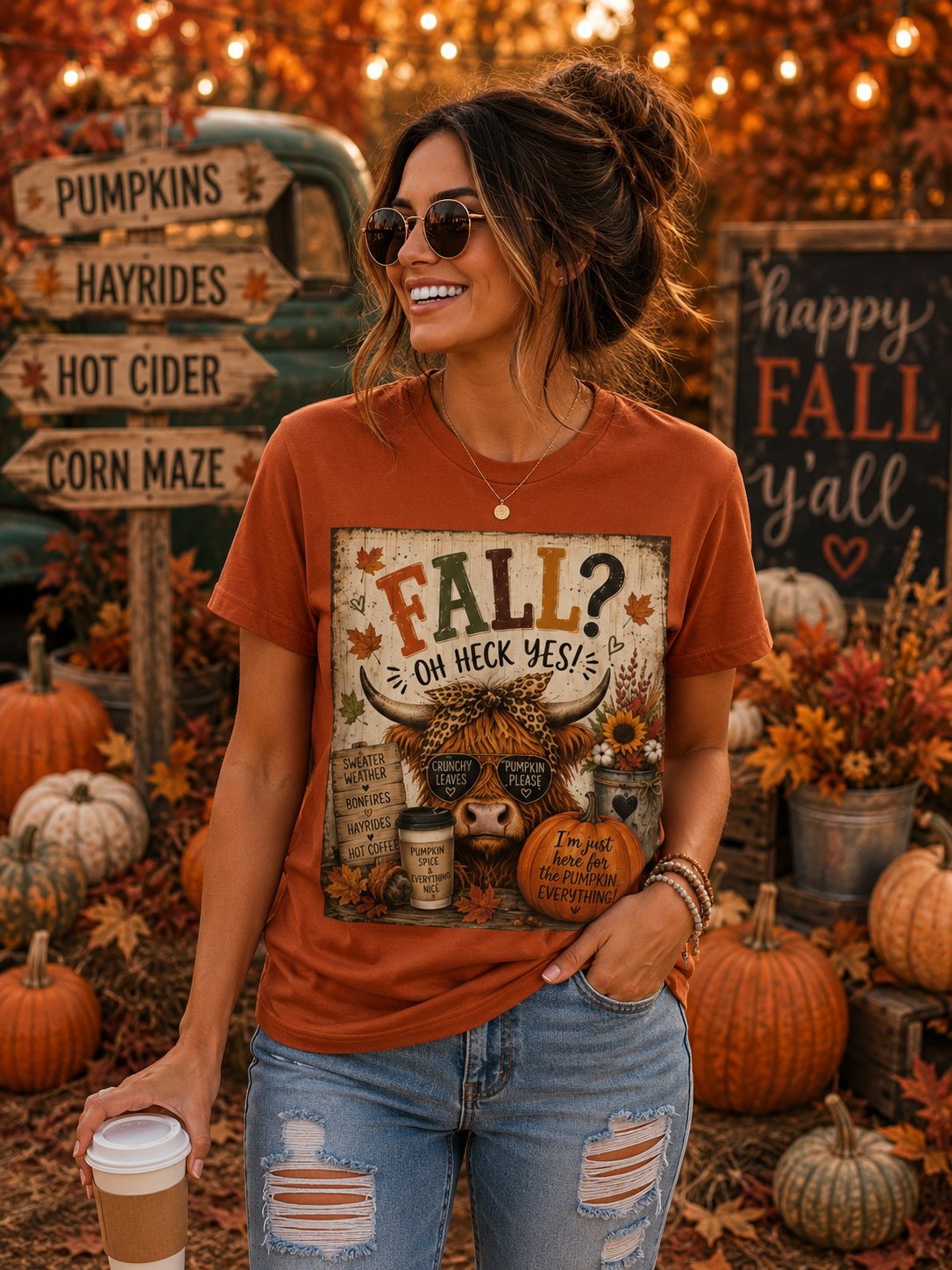Sunflower Porch Co Fall? Oh Heck Yes! Highland Cow Pumpkin Tee | Autumn Coffee Leaves Shirt