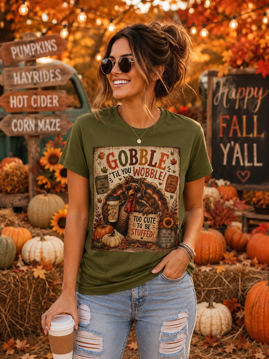 Sunflower Porch Co Gobble 'Til You Wobble Turkey graphic Tee | Thanksgiving fall pumpkin leaves