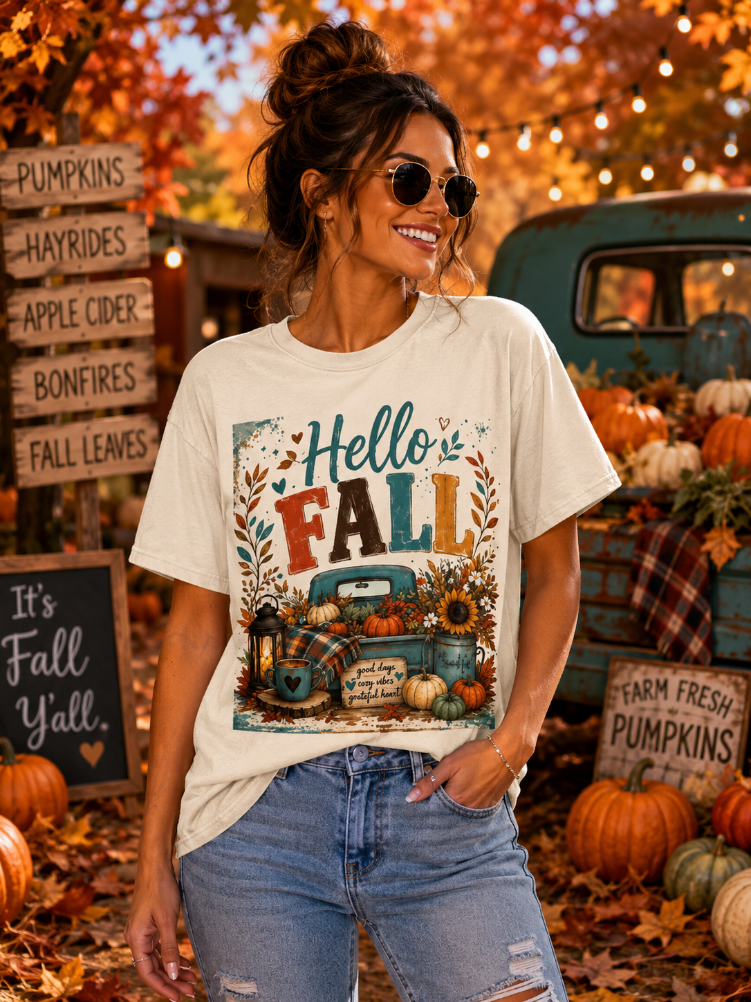 Sunflower Porch Co Hello Fall Truck Tee | Pumpkin, Sunflower, Rustic Autumn Design