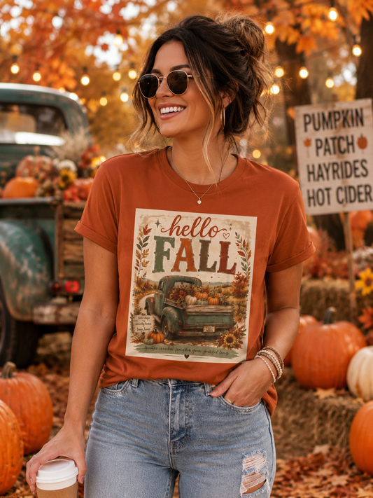 Sunflower Porch Co Hello Fall Vintage Truck T-Shirt | Pumpkin Harvest Autumn Tee