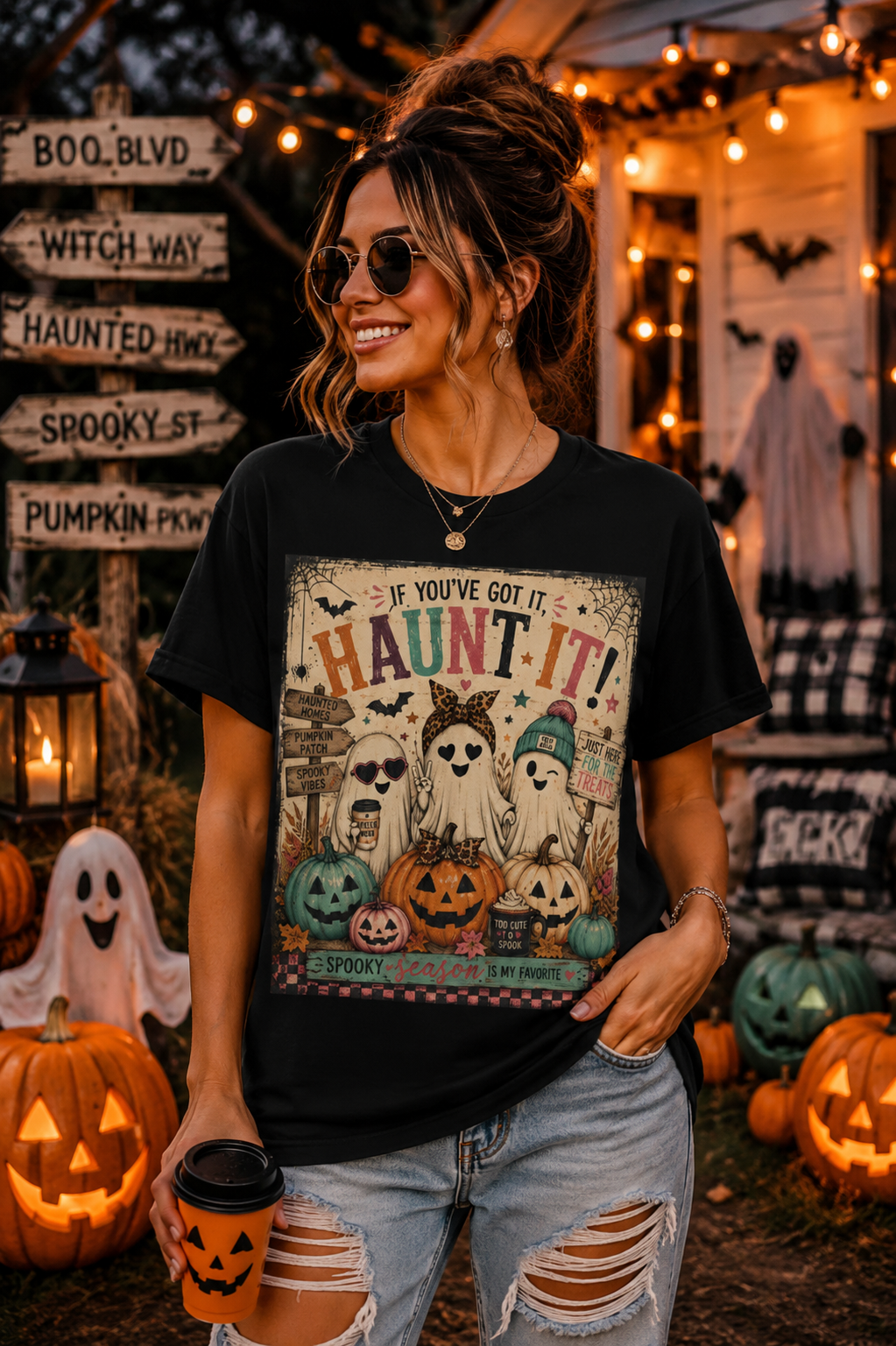 Sunflower Porch Co Haunt It! Ghosts and Pumpkins Tee | Halloween spooky vintage graphic