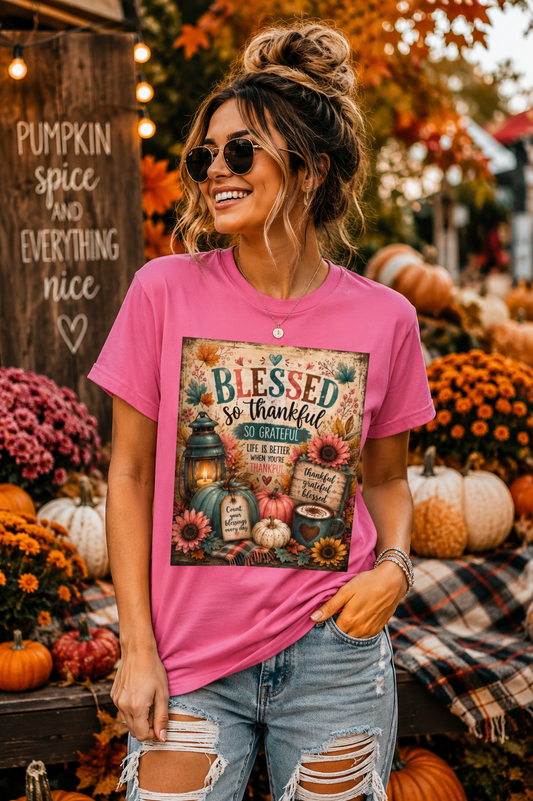 Sunflower Porch Co Blessed So Thankful Thanksgiving Tee | Fall Pumpkin Sunflower Tee