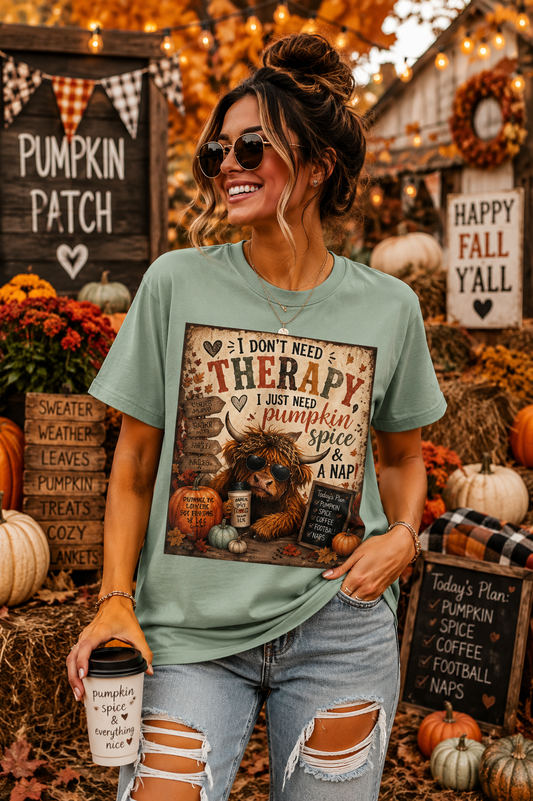 Sunflower Porch Co Pumpkin Spice & A Nap Highland Cow Tee | Fall Autumn Cozy Shirt