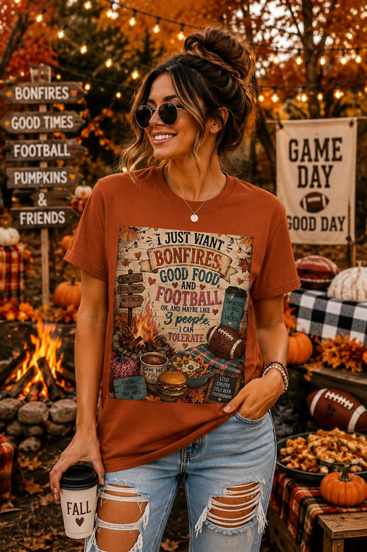 Sunflower Porch Co Bonfires Good Food and Football Tee | Fall Campfire Typography Shirt