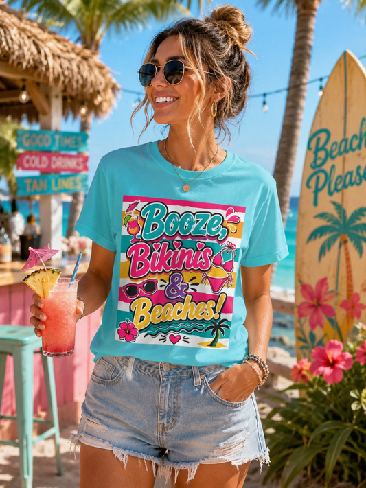 Sunflower Porch Co. Booze Bikinis & Beaches T-Shirt — Summer Beach Party Graphic Tee