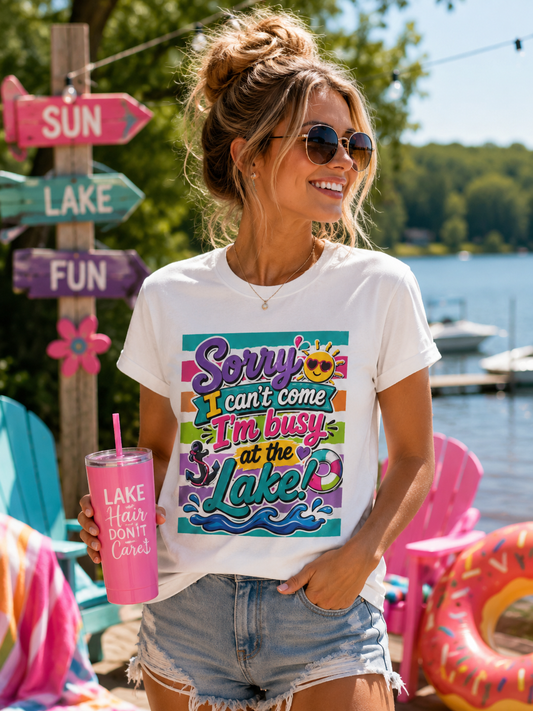 Sunflower Porch Co. Lake Day T-Shirt — "Sorry I Can't Come I'm Busy at the Lake" Summer Graphic Tee