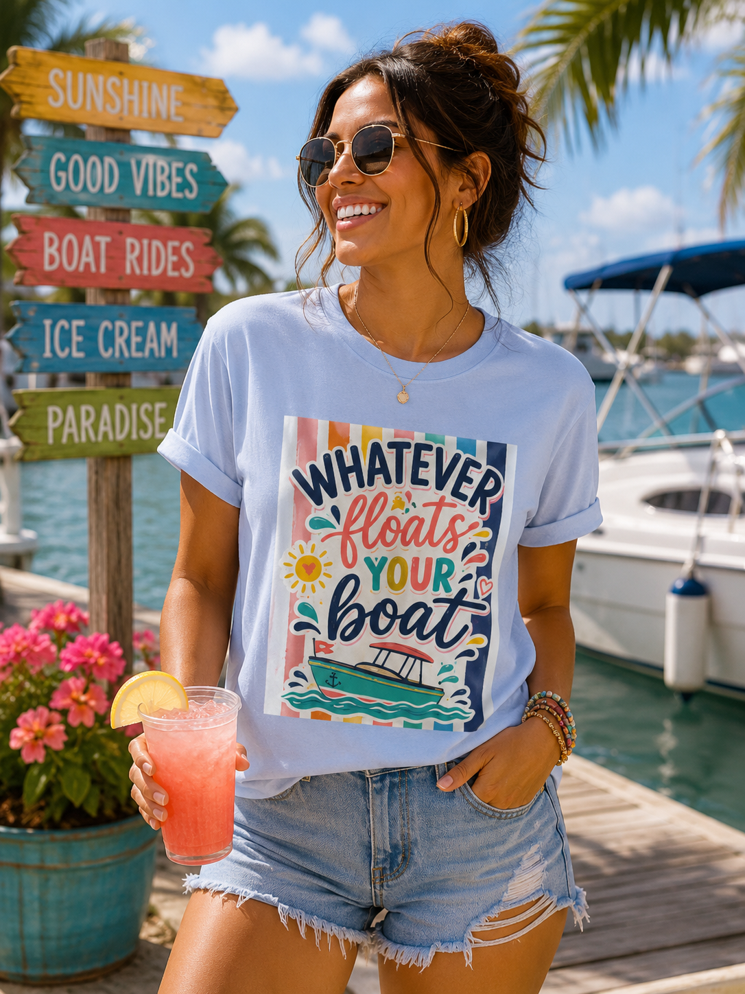 Sunflower Porch Co. Whatever Floats Your Boat T-Shirt – Nautical Summer Boat Graphic Tee