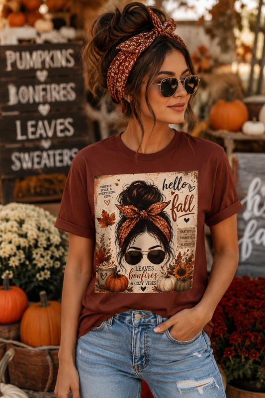 Sunflower Porch Co Hello Fall messy bun graphic Tee | Pumpkin leaves sunflower autumn design
