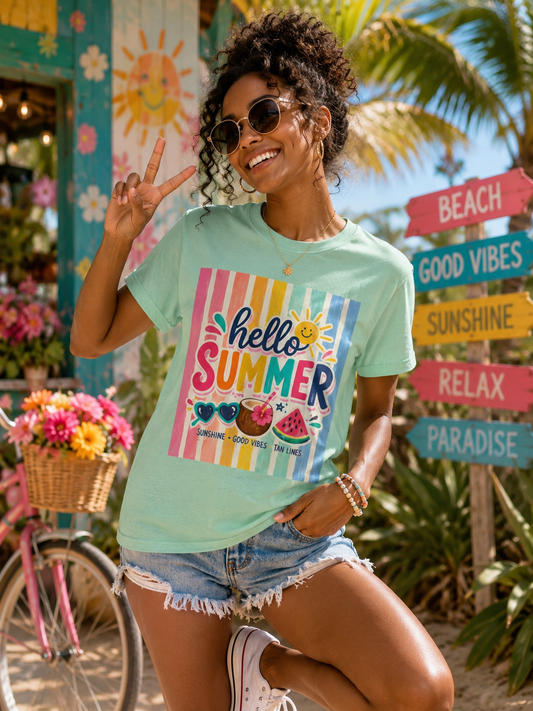 Sunflower Porch Co. Hello Summer Tee - Colorful Stripes, Sunshine & Watermelon Graphic