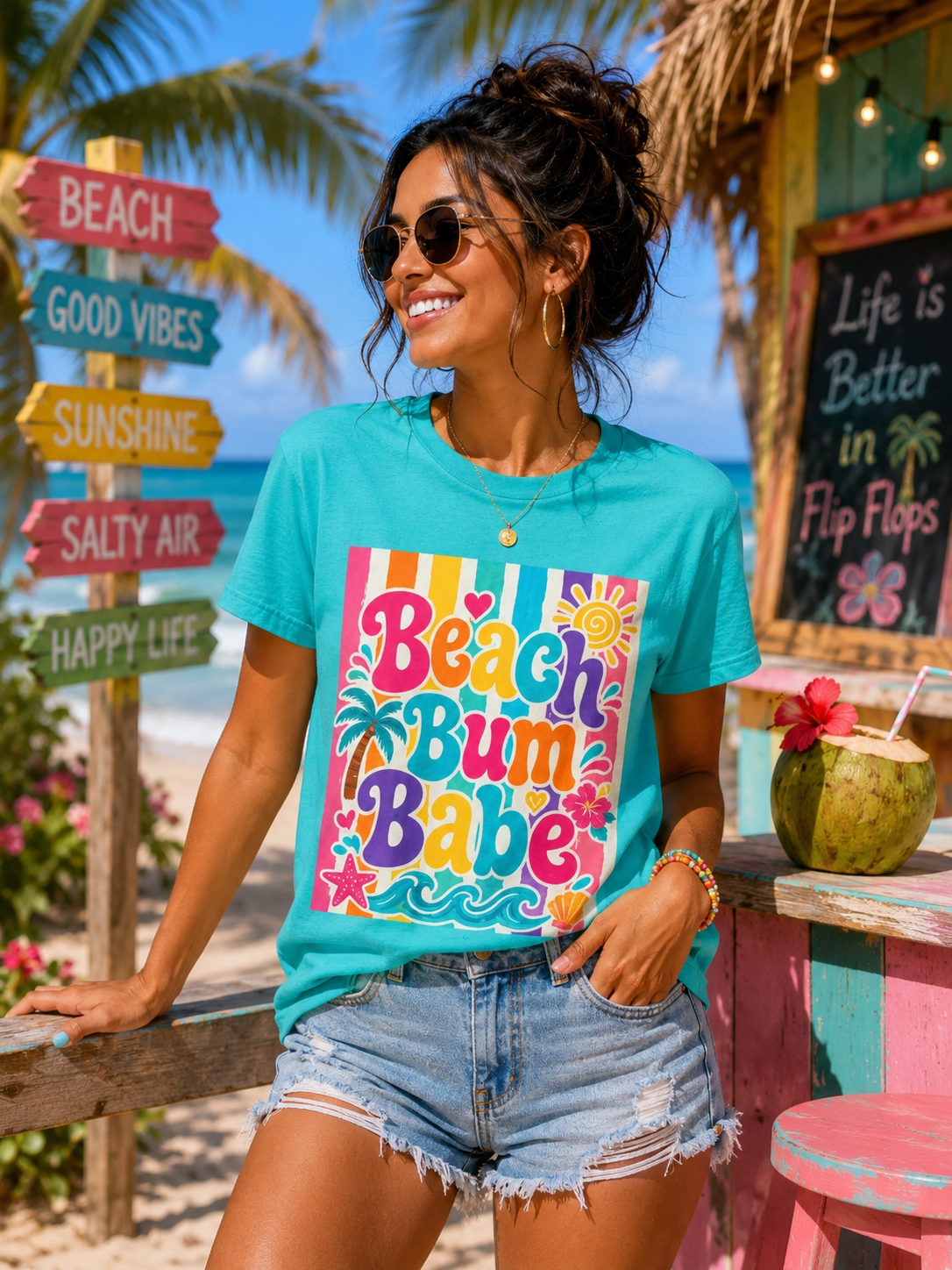 Sunflower Porch Co. Beach Bum Babe T-Shirt — Colorful Retro Tropical Summer Tee