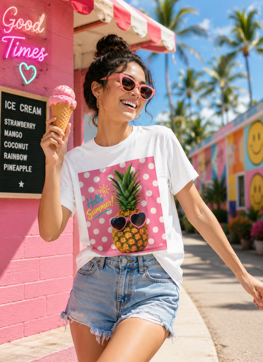 Sunflower Porch Co Pineapple with Sunglasses Tee | Hello Summer Polka Dot Graphic