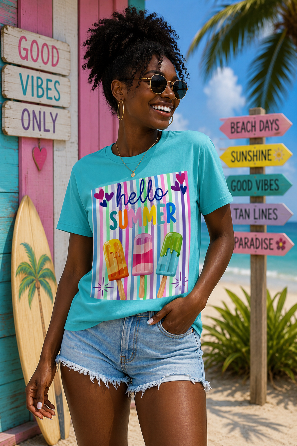 Sunflower Porch Co Hello Summer Popsicles T-Shirt | Colorful Stripes, Cute Ice Cream Design