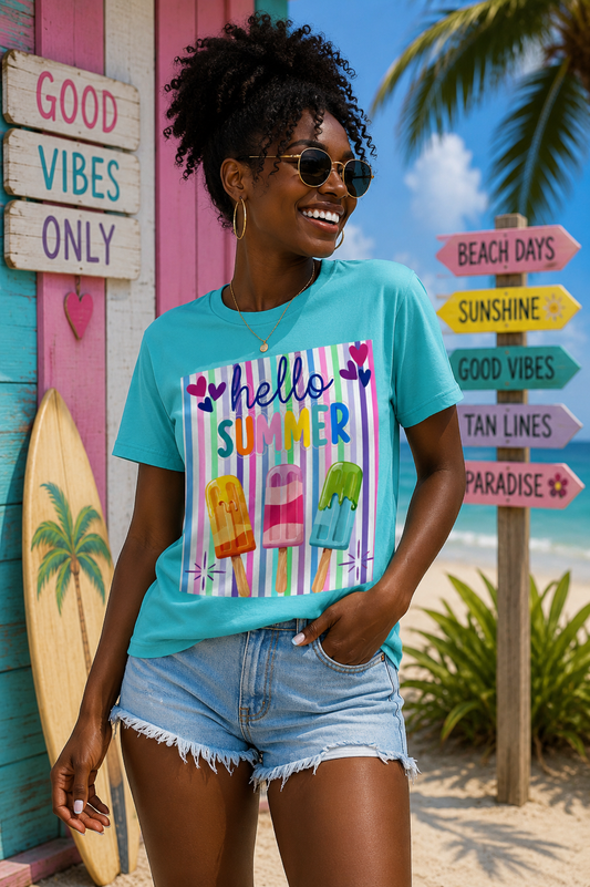 Sunflower Porch Co Hello Summer Popsicles T-Shirt | Colorful Stripes, Cute Ice Cream Design