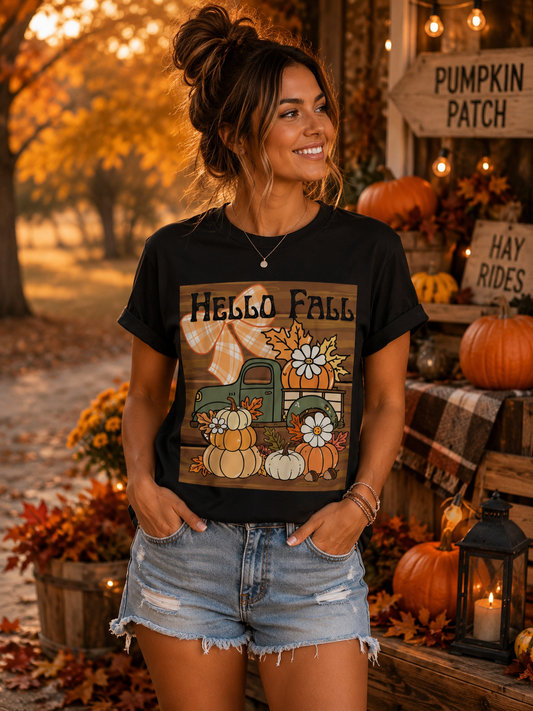 SunflowerPorchCo Hello Fall Pumpkin Truck Tee | Autumn Pumpkins, Plaid Bow, Rustic Wood