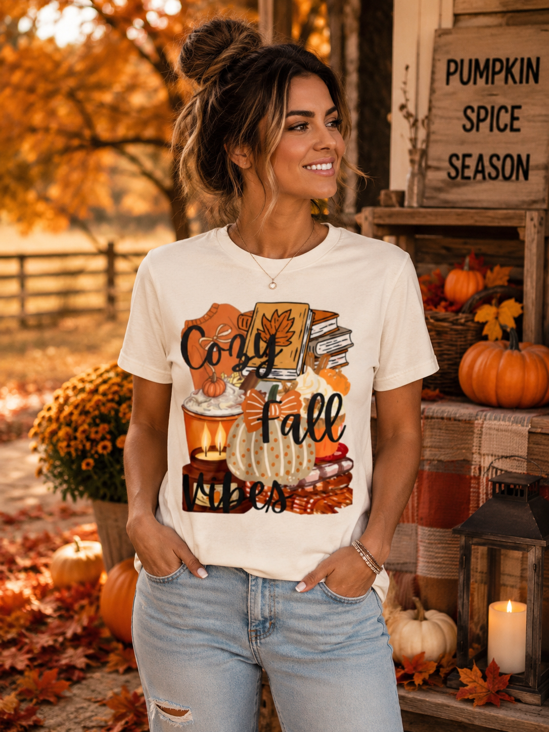 SunflowerPorchCo Cozy Fall Vibes T-Shirt | Pumpkin Books Candle Autumn Tee