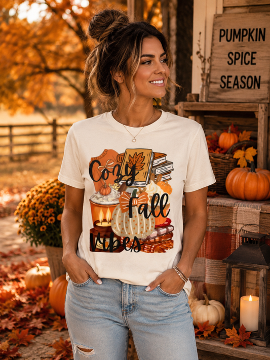 SunflowerPorchCo Cozy Fall Vibes T-Shirt | Pumpkin Books Candle Autumn Tee