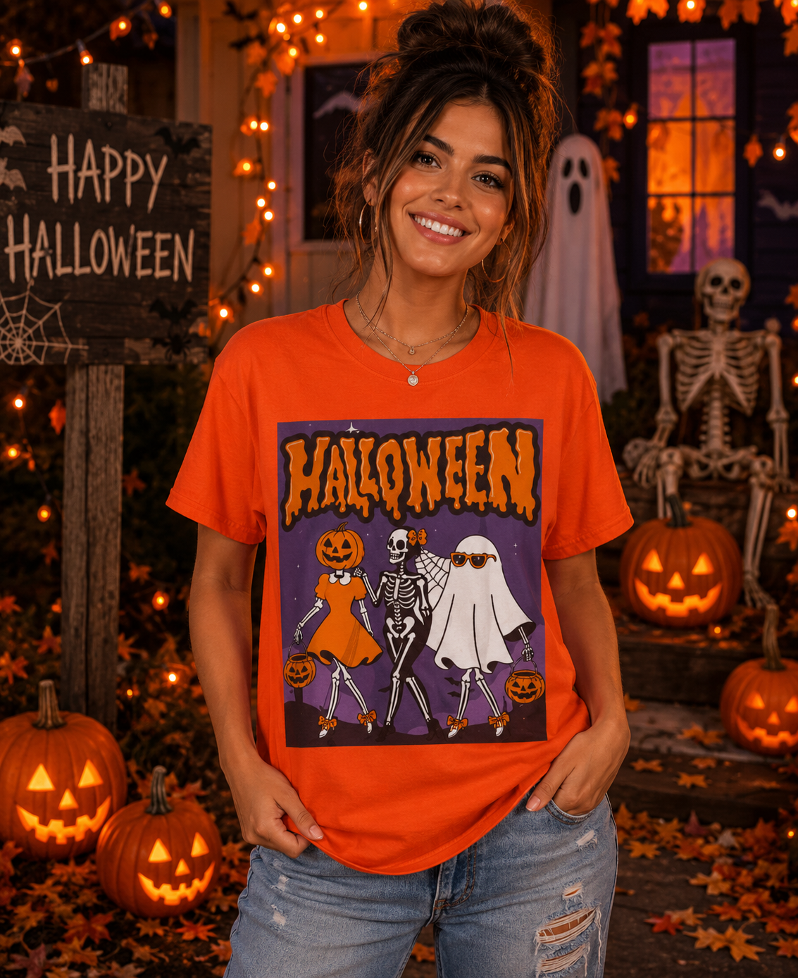 SunflowerPorchCo Dancing Skeletons and Pumpkins Halloween T-Shirt | Retro Spooky Trio Tee