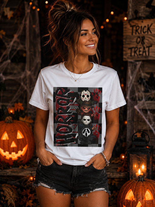 SunflowerPorchCo Horror Mask Stack T-Shirt | Slasher Masks, Blood Handprints, Creepy Checker