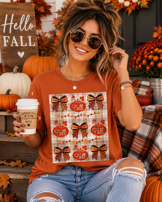 SunflowerPorchCo Fall Pumpkin Plaid Pattern Tee | Autumn Bow Graphic T-Shirt