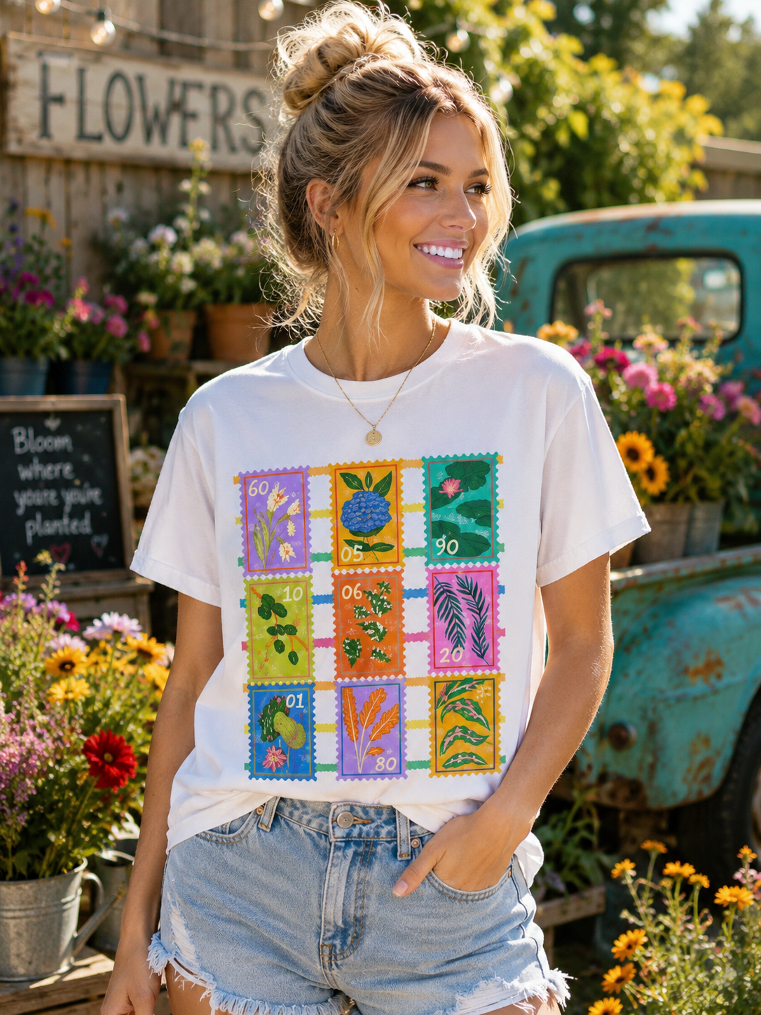 SunflowerPorchCo Vintage Botanical Stamp Collage Tee | Floral Postage Stamp T-Shirt