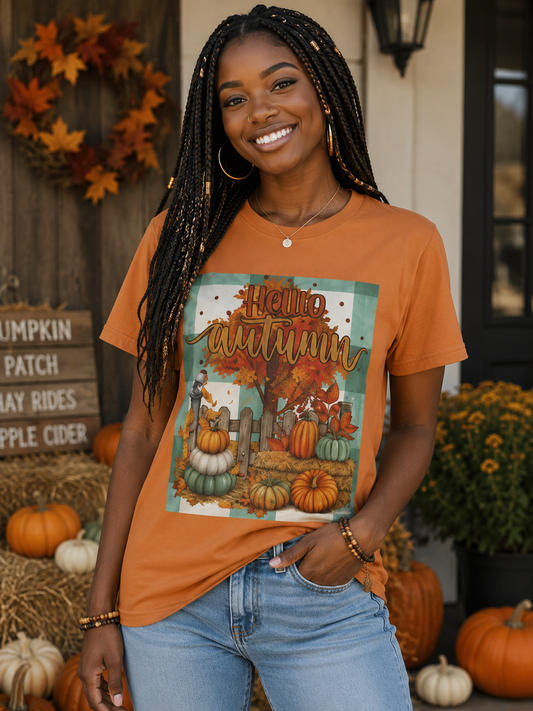 SunflowerPorchCo Hello Autumn pumpkin harvest tee | Fall pumpkin patch shirt