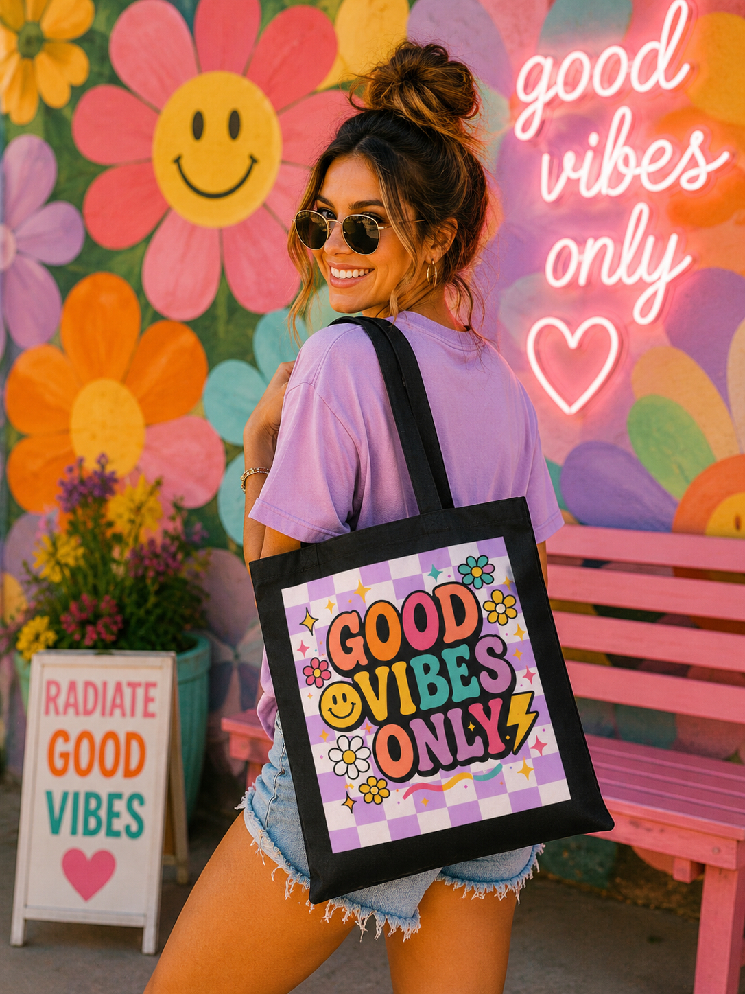 Good Vibes Only Tote Bag | Retro Flower Smiley Checkerboard