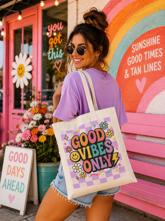 Good Vibes Only Tote Bag | Retro Flower Smiley Checkerboard