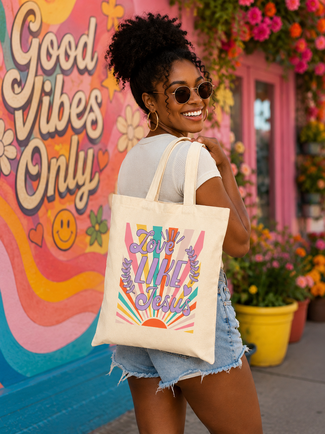 Love Like Jesus Tote Bag | Retro Rainbow Typography Christian Design