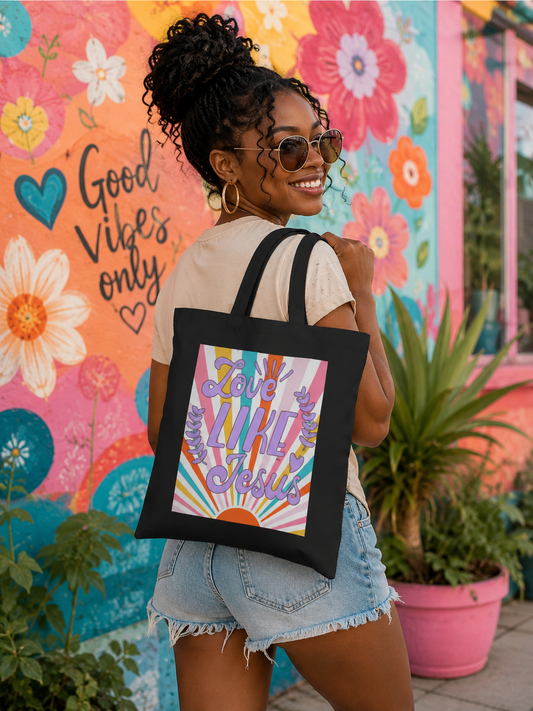 Love Like Jesus Tote Bag | Retro Rainbow Typography Christian Design