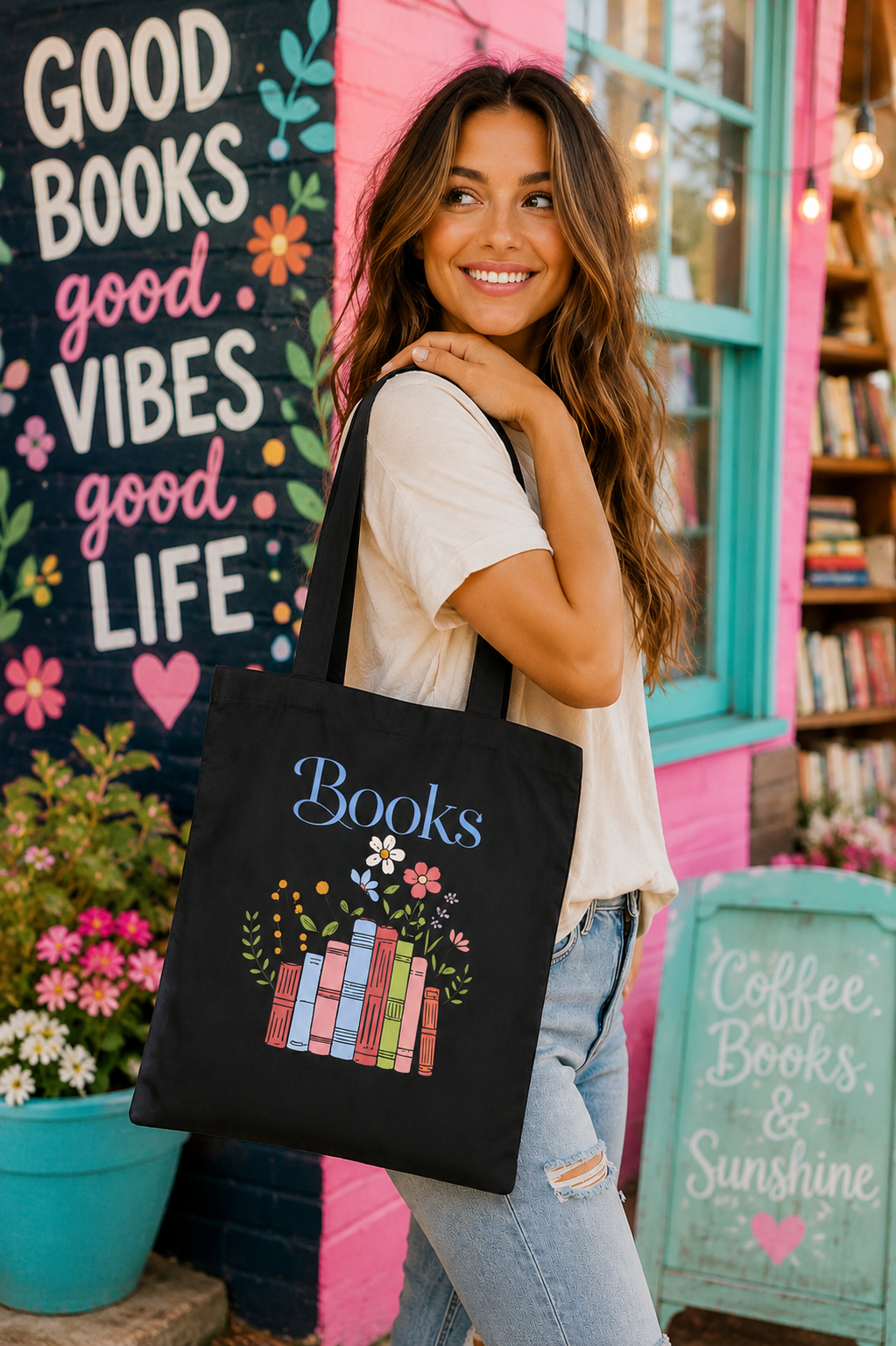 Floral Books Stack Tote Bag | Booklover Canvas Tote, Reading Library Illustration