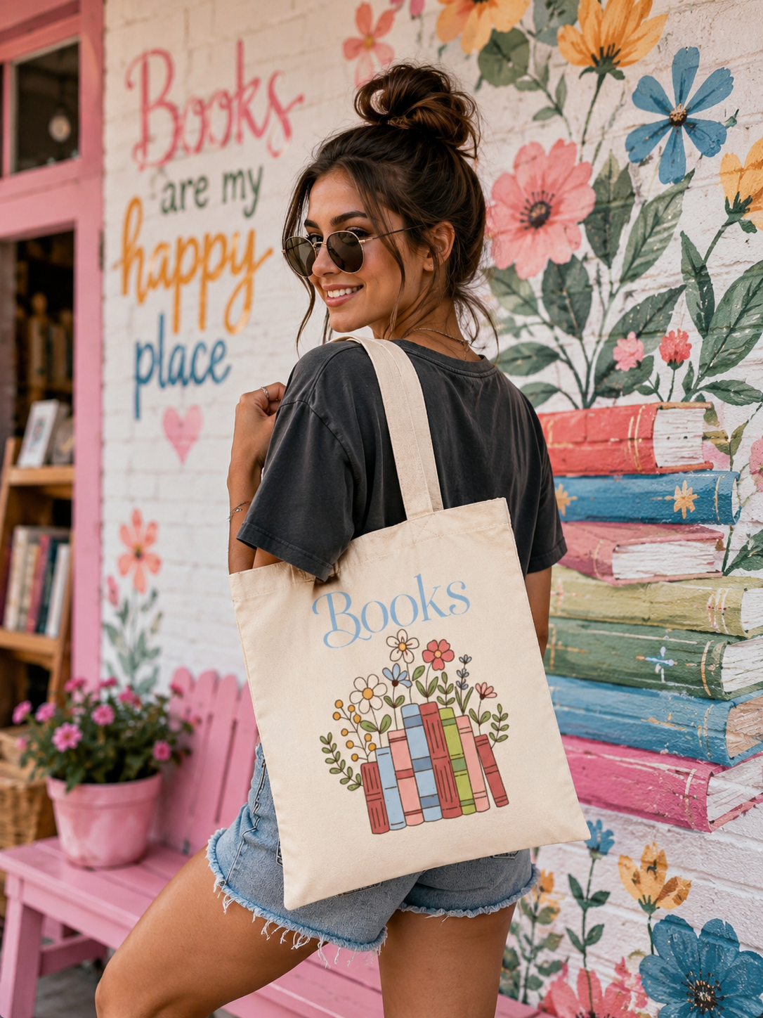 Floral Books Stack Tote Bag | Booklover Canvas Tote, Reading Library Illustration