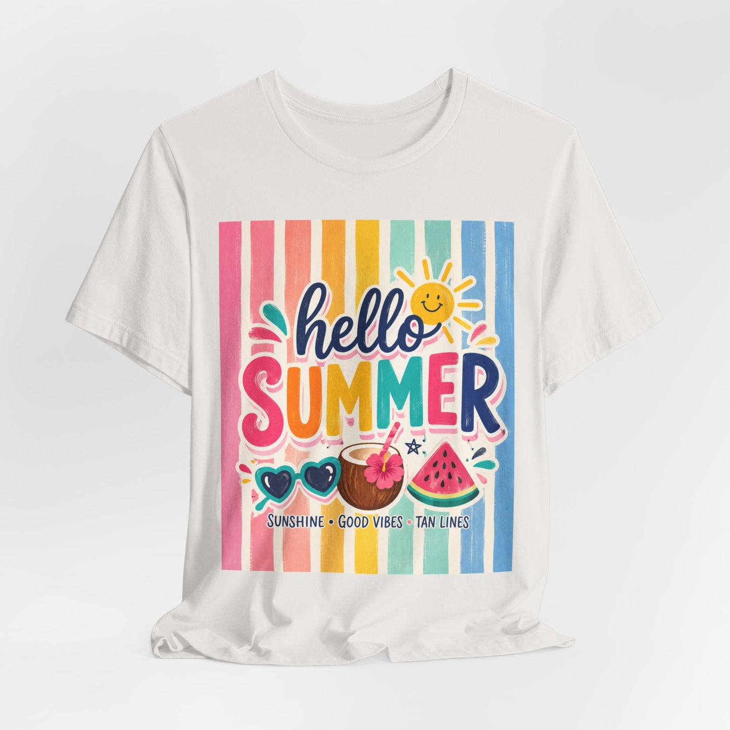 Sunflower Porch Co. Hello Summer Tee - Colorful Stripes, Sunshine & Watermelon Graphic