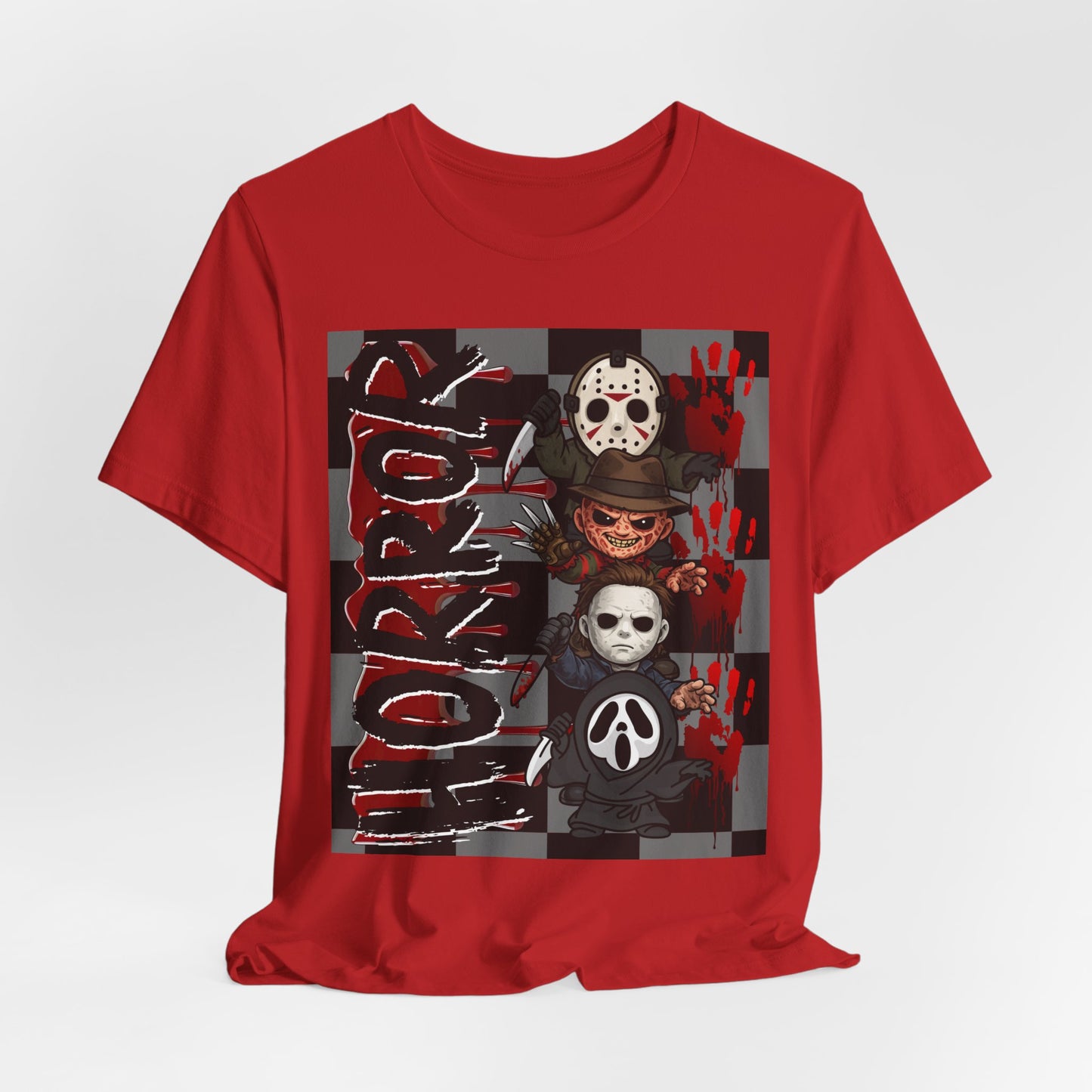 SunflowerPorchCo Horror Mask Stack T-Shirt | Slasher Masks, Blood Handprints, Creepy Checker