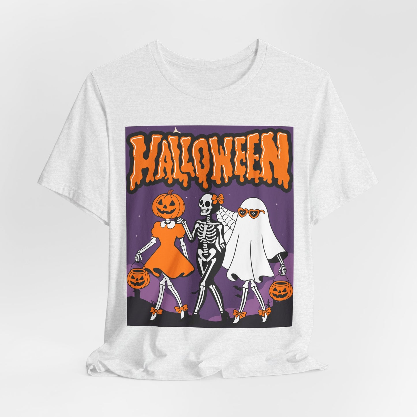 SunflowerPorchCo Dancing Skeletons and Pumpkins Halloween T-Shirt | Retro Spooky Trio Tee