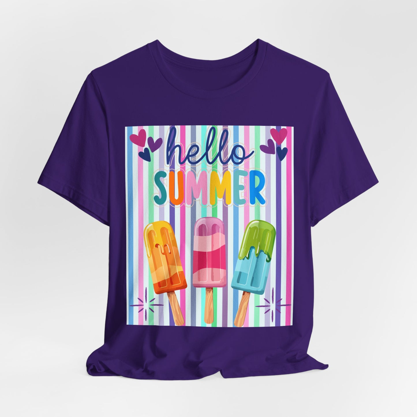 Sunflower Porch Co Hello Summer Popsicles T-Shirt | Colorful Stripes, Cute Ice Cream Design