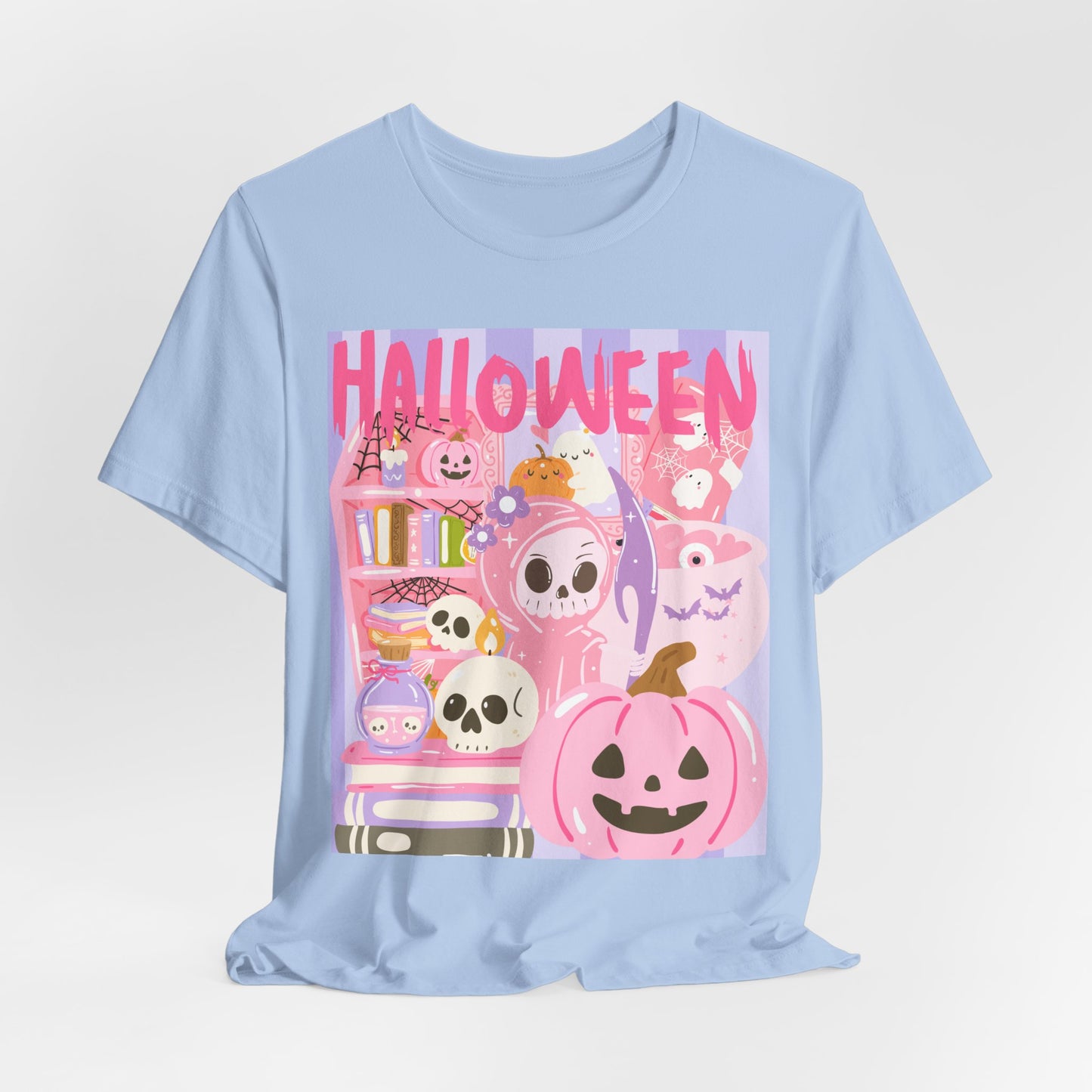 SunflowerPorchCo Pink Cute Halloween Characters Tee | Jack-o'-Lantern Skulls Candy