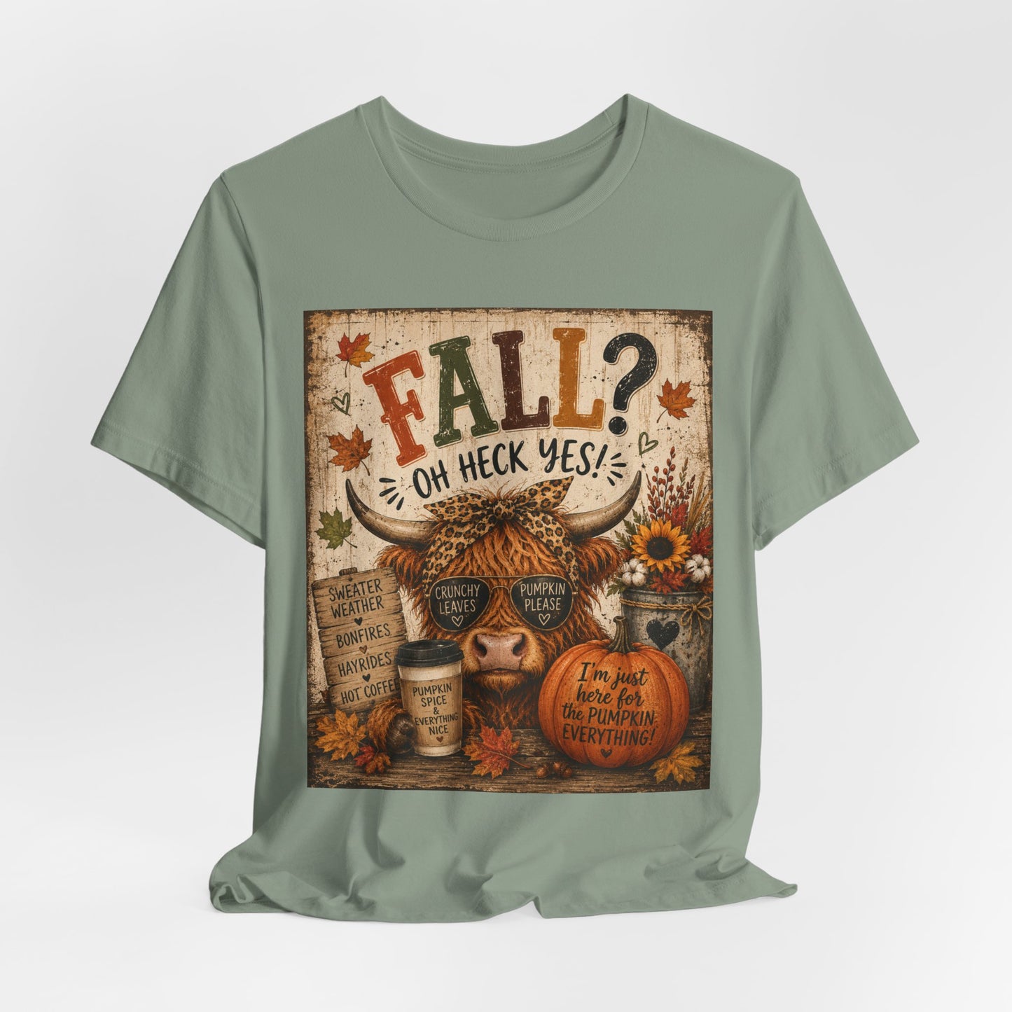 Sunflower Porch Co Fall? Oh Heck Yes! Highland Cow Pumpkin Tee | Autumn Coffee Leaves Shirt