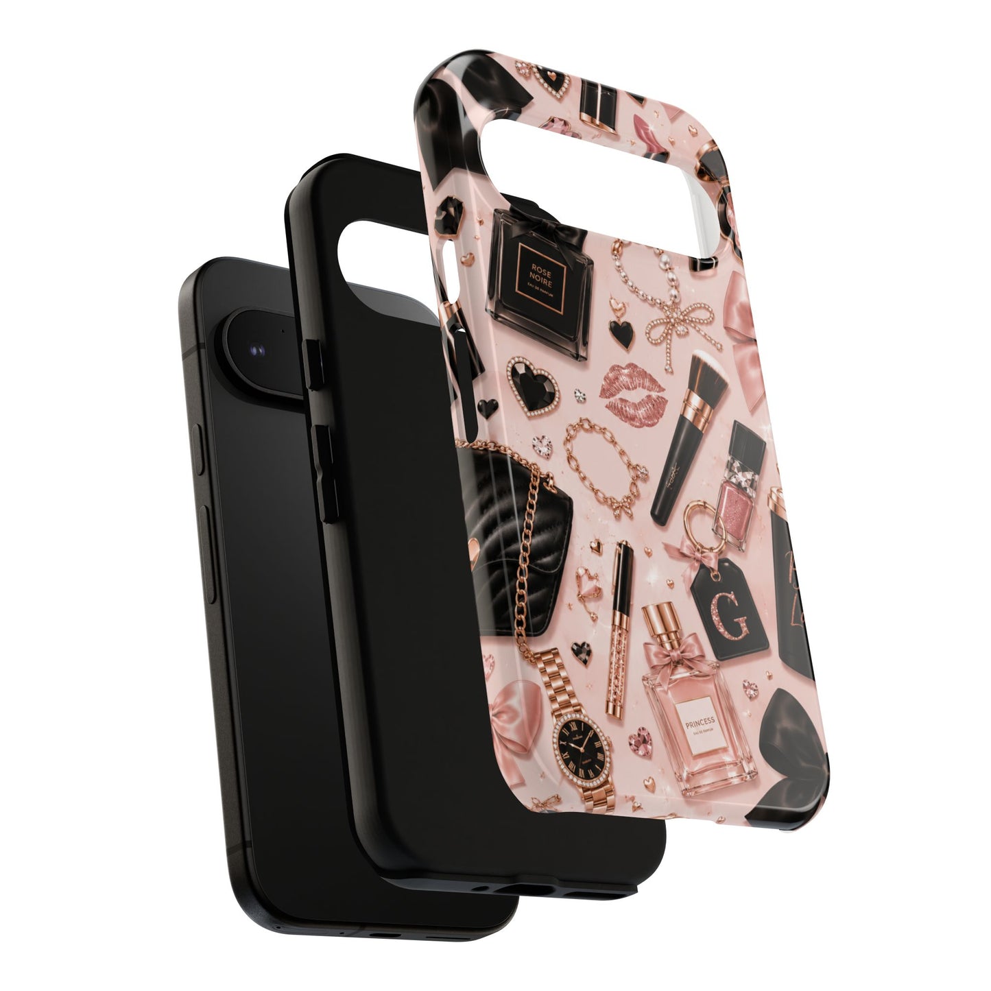 Sunflower Porch Co Glam Makeup Pattern Phone Case | Rose Gold Cosmetics, Perfume, Lipstick