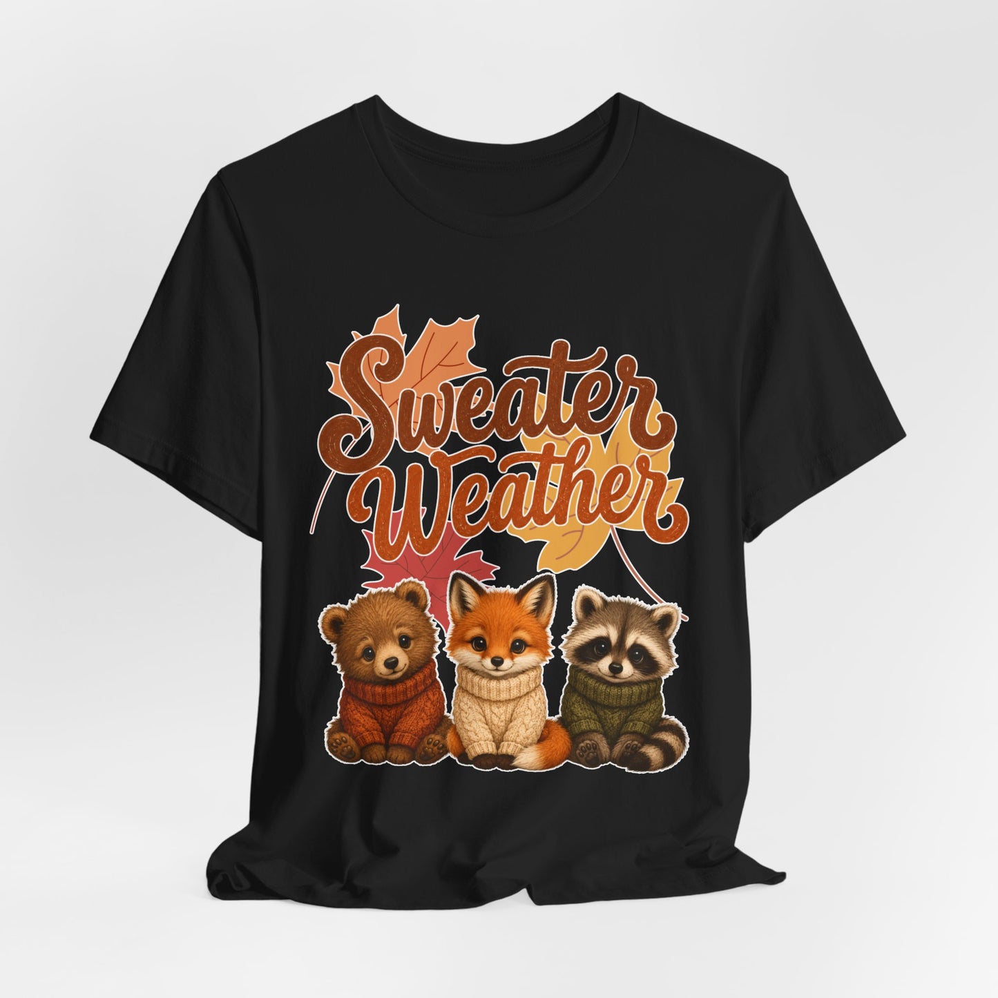 Sweater Weather woodland animals Tee | Fox Bear Raccoon fall leaves