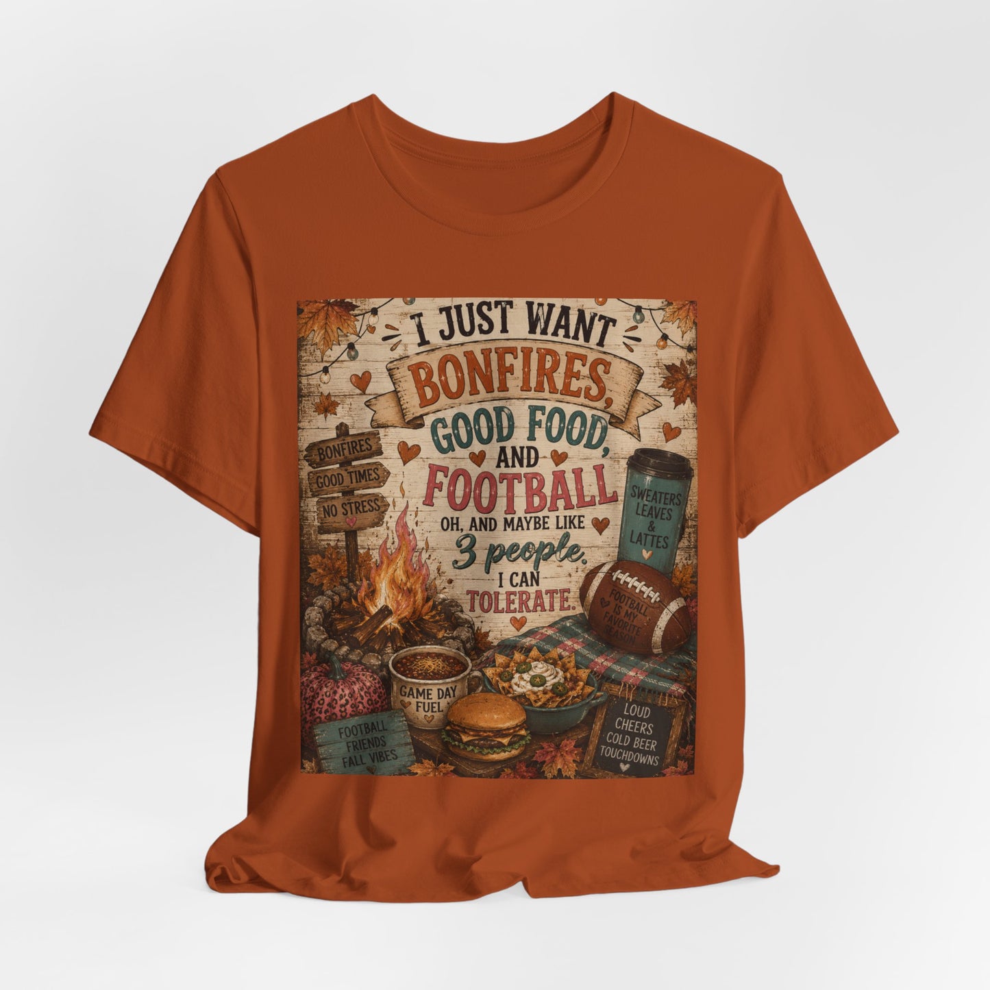 Sunflower Porch Co Bonfires Good Food and Football Tee | Fall Campfire Typography Shirt